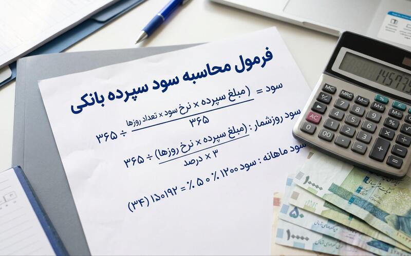  ماشین‌حساب و دفتر محاسبات برای برآورد سود سپرده بانکی 